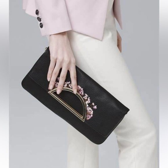 White House Black Market Faux Leather Floral Embroidered Clutch Handbag wristlet - Picture 8 of 12